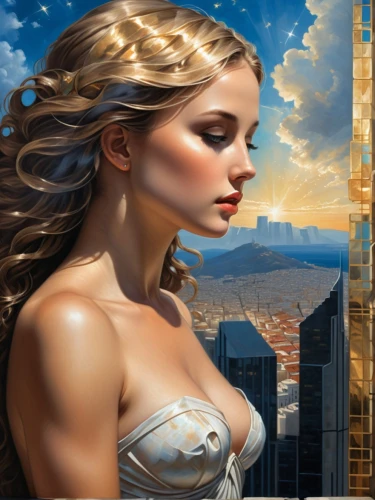 world digital painting,fantasy art,sci fiction illustration,fantasy woman,fantasy picture,fantasy portrait,city ​​portrait,celtic woman,woman thinking,blonde woman,art deco woman,aphrodite,heroic fantasy,horoscope libra,elphi,art painting,digital compositing,rapunzel,wonder woman city,fantasy girl,Art,Classical Oil Painting,Classical Oil Painting 02