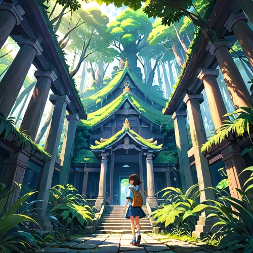 studio ghibli,shrine,japanese shrine,world digital painting,ginkaku-ji,ancient city,rokuon-ji,kyoto,bamboo forest,mausoleum ruins,ruins,temple,honolulu,thai temple,dandelion hall,cg artwork,yellow garden,jungle,bird kingdom,forest,Anime,Anime,Realistic