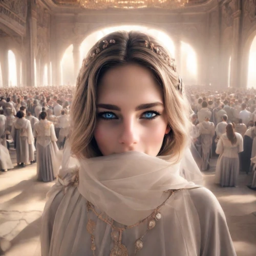the snow queen,girl in a historic way,miss circassian,islamic girl,arabian,the prophet mary,priestess,white lady,white rose snow queen,fatima,mystical portrait of a girl,women's eyes,arab,versailles,photo manipulation,the carnival of venice,ice princess,veil,elsa,muslim woman,Photography,Realistic
