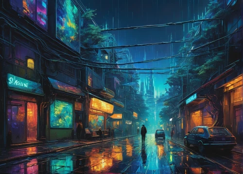 cityscape,rainy,blue rain,world digital painting,colorful city,cyberpunk,alley,alleyway,hanoi,taipei,tokyo city,shanghai,walking in the rain,tokyo,rainstorm,shinjuku,rainy day,rain,heavy rain,rains,Illustration,Realistic Fantasy,Realistic Fantasy 16