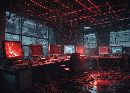 the server room,computer room,cyberpunk,abandoned room,cyber,cyberspace,computer,computer workstation,computer art,computer addiction,man with a computer,post-apocalypse,abandoned place,computers,computer freak,red matrix,computer desk,abandoned factory,abandoned places,cyclocomputer,Illustration,Japanese style,Japanese Style 04