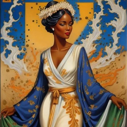 african american woman,african woman,eritrea,art deco woman,tiana,nigeria woman,beautiful african american women,moorish,khokhloma painting,senegal,afroamerican,afro-american,angolans,ghana,lily of the nile,cleopatra,black woman,maria bayo,cepora judith,afro american,Illustration,Realistic Fantasy,Realistic Fantasy 21