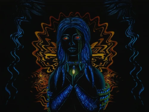 voodoo woman,black light,aura,neon body painting,uv,kundalini,neon ghosts,shaman,bioluminescence,shamanic,illuminate,prophet,praying woman,voodoo,earth chakra,avatar,shiva,hamsa,primitive man,root chakra,Illustration,Realistic Fantasy,Realistic Fantasy 33