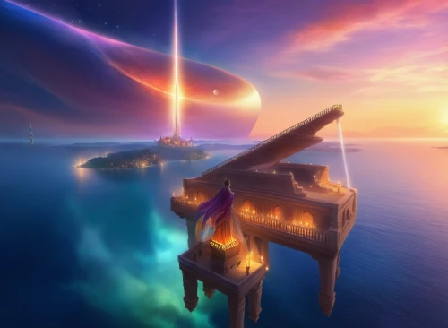 friendship sloop,futuristic landscape,sky space concept,sea fantasy,skyflower,star ship,dusk background,wind edge,ship of the line,fantasia,galleon ship,myst,starscape,constellation swordfish,ship travel,spacescraft,fantasy landscape,floating islands,3d fantasy,waypoint,Illustration,Realistic Fantasy,Realistic Fantasy 01