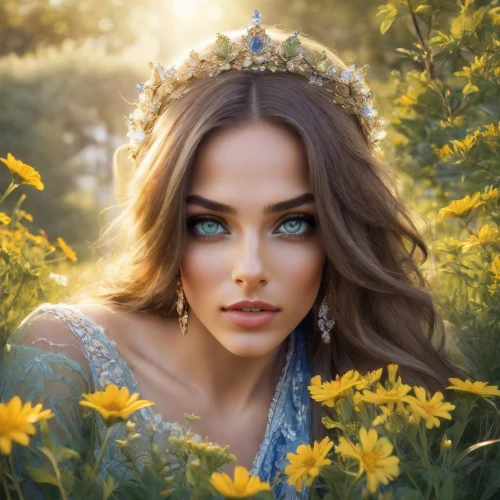 beautiful girl with flowers,fairy queen,spring crown,flower fairy,enchanting,flower crown,girl in flowers,flower girl,golden flowers,romantic portrait,fantasy portrait,romantic look,fairytale,tiara,vanessa (butterfly),kahila garland-lily,golden crown,beautiful woman,mystical portrait of a girl,cinderella,Photography,Realistic