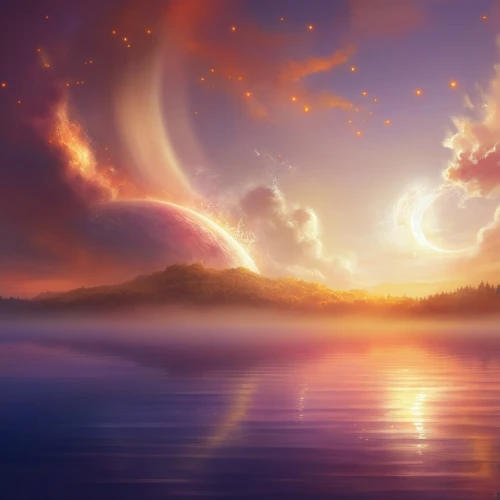 fantasy landscape,sunburst background,landscape background,dusk background,fantasy picture,the horizon,world digital painting,eventide,celestial,golden sun,an island far away landscape,dreamland,dream world,sea of clouds,celestial event,dawn,the endless sea,epic sky,daybreak,celestial phenomenon,Illustration,Realistic Fantasy,Realistic Fantasy 01