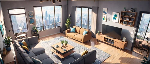 apartment,an apartment,loft,livingroom,shared apartment,living room,sky apartment,home interior,modern room,3d rendering,interior design,penthouse apartment,sitting room,danish room,house painting,modern decor,great room,interior decoration,apartment lounge,bedroom,Anime,Anime,Realistic