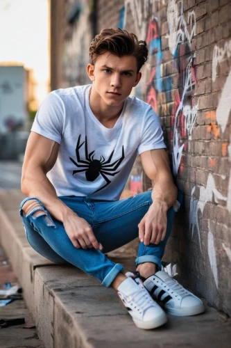 male model,man on a bench,spiderman,men's wear,spider-man,photo session in torn clothes,boy model,jeans background,austin stirling,young model istanbul,huntsman,boys fashion,spider man,rein,white clothing,young model,lukas 2,men clothes,isolated t-shirt,ripped jeans,Illustration,Realistic Fantasy,Realistic Fantasy 46
