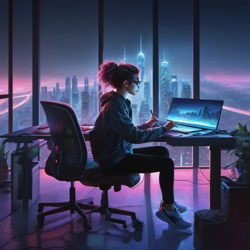 girl at the computer,night administrator,blur office background,women in technology,cyberpunk,world digital painting,working space,sci fiction illustration,girl studying,modern office,computer addiction,remote work,neon human resources,computer desk,man with a computer,desk,computer workstation,creative office,programmer,computer,Illustration,Paper based,Paper Based 10