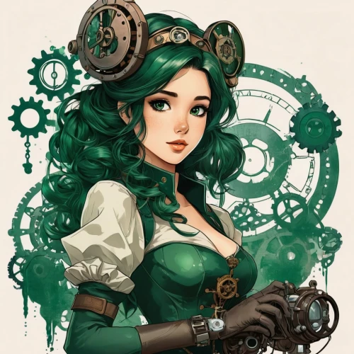 steampunk gears,steampunk,clockmaker,cogs,transistor,mechanical,gears,watchmaker,victorian lady,the enchantress,clockwork,cog,emerald,mechanic,marina,green wreath,inventor,fantasy portrait,merida,tiana,Conceptual Art,Fantasy,Fantasy 25