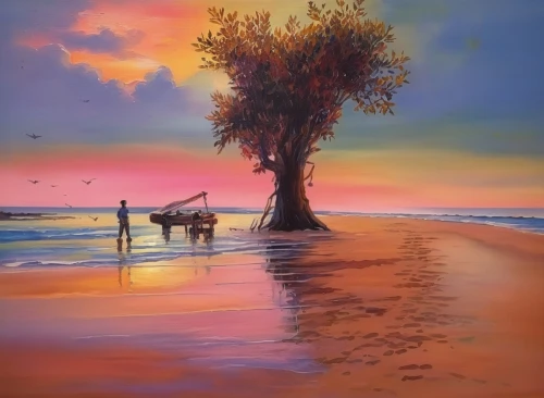 beach landscape,oil painting on canvas,oil painting,coastal landscape,sea landscape,painted tree,landscape with sea,art painting,watercolor tree,sunset beach,sunrise beach,isolated tree,lone tree,landscape background,pink beach,oil on canvas,painting technique,orange tree,beach scenery,seascape,Illustration,Paper based,Paper Based 04