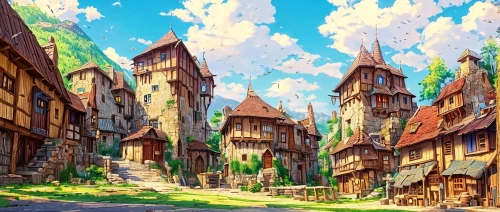 knight village,aurora village,medieval town,escher village,fantasy city,medieval street,meteora,wooden houses,mountain settlement,ancient city,violet evergarden,3d fantasy,mountain village,fantasy landscape,fairy village,alpine village,fantasy world,villages,blocks of houses,bremen