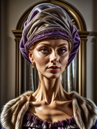 the hat of the woman,violet head elf,turban,the hat-female,girl with a pearl earring,woman's hat,victorian lady,miss circassian,la violetta,beautiful bonnet,headscarf,old woman,fantasy portrait,woman portrait,stepmother,head woman,ladies hat,girl in a historic way,chemotherapy,woman thinking