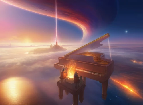 fantasia,violinist violinist of the moon,symphony,grand piano,orchestra,the piano,concerto for piano,player piano,sky space concept,sunrise in the skies,musical background,philharmonic orchestra,symphony orchestra,eventide,orchestral,piano,panoramical,star winds,the atmosphere,hot-air-balloon-valley-sky,Illustration,Realistic Fantasy,Realistic Fantasy 01