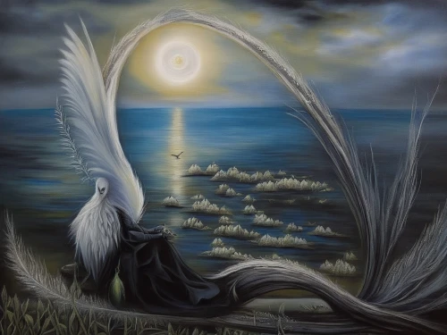 angel wing,angel playing the harp,mourning swan,constellation swan,uriel,angel wings,light bearer,swan lake,angelology,white feather,oil painting on canvas,trumpet of the swan,fantasy art,dove of peace,mirror of souls,surrealism,silver seagull,angel of death,birds of the sea,the archangel,Illustration,Abstract Fantasy,Abstract Fantasy 14