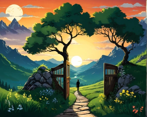 landscape background,cartoon video game background,home landscape,mountain scene,fantasy landscape,hiking path,mountain landscape,druid grove,background vector,nature landscape,backgrounds,pathway,forest landscape,high landscape,springtime background,rural landscape,mountainous landscape,mushroom landscape,forest background,the mystical path,Unique,Design,Sticker