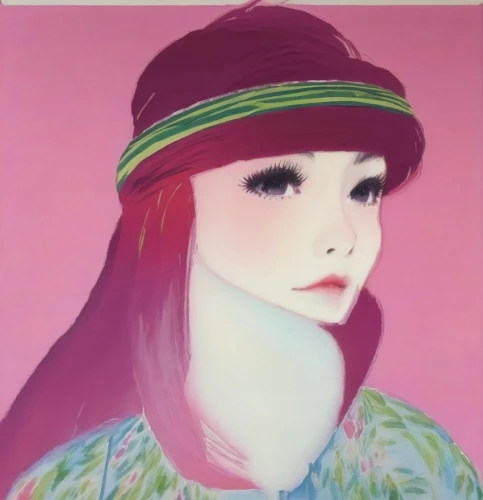 mari makinami,japanese woman,shirakami-sanchi,girl-in-pop-art,girl wearing hat,japanese art,painter doll,artist doll,portrait of a girl,beret,woman's hat,rou jia mo,asian conical hat,young woman,oriental girl,girl portrait,japanese doll,asian woman,pink hat,girl in a long,Illustration,Japanese style,Japanese Style 09