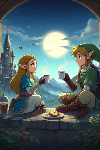 romantic meeting,link,romantic scene,a fairy tale,fairy tale,romantic night,serenade,dinner for two,moon and star,ocarina,fairytale,magical moment,romantic dinner,sun and moon,magical adventure,cg artwork,rupees,game illustration,before the dawn,fairytales