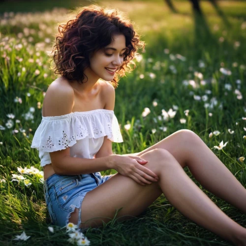 beautiful girl with flowers,girl in flowers,girl lying on the grass,relaxed young girl,girl in the garden,springtime background,beautiful young woman,on the grass,daisies,spring background,girl in t-shirt,girl sitting,portrait photography,daisy flowers,daisy 2,in the spring,daisy 1,romantic portrait,flower background,young woman,Illustration,Realistic Fantasy,Realistic Fantasy 34