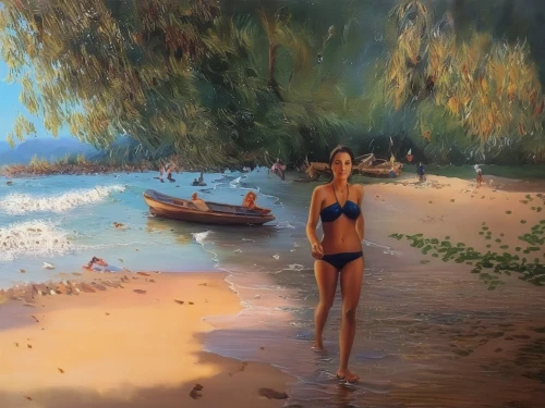 beach landscape,girl on the river,oil painting,photo painting,kohphangan,railay bay,world digital painting,beach scenery,beach background,oil painting on canvas,people on beach,beautiful beach,dream beach,lover's beach,on the shore,koh phi phi,paradise beach,girl on the dune,sunrise beach,sea landscape,Illustration,Paper based,Paper Based 04