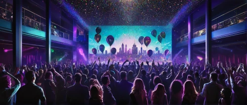 nightclub,music venue,concert dance,concert crowd,rave,concert,clubbing,concert stage,disco,party lights,music festival,concert venue,radio city music hall,concert hall,party banner,colored lights,live concert,floating stage,raised hands,dance club,Illustration,Realistic Fantasy,Realistic Fantasy 07