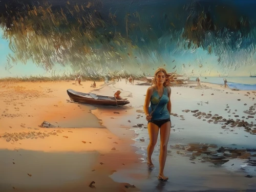 girl on the dune,beach background,girl walking away,beach landscape,walk on the beach,on the shore,world digital painting,beach scenery,beach walk,mermaid background,girl on the river,sea-shore,deserted island,girl in a long,the blonde in the river,people on beach,photo painting,girl on the boat,blue painting,seashore,Illustration,Paper based,Paper Based 04