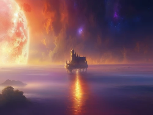 fantasy landscape,fantasy picture,fantasy art,sea fantasy,world digital painting,space art,the horizon,fantasy world,aurora australis,dream world,sci fiction illustration,cube sea,futuristic landscape,the endless sea,3d fantasy,vast,horizon,fantasia,myst,the end of the world,Illustration,Realistic Fantasy,Realistic Fantasy 01