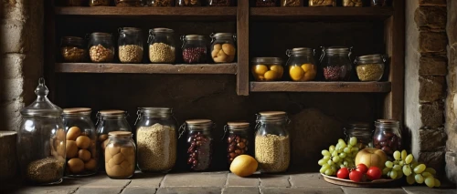 pantry,preserved food,food storage,village shop,spice market,jars,spices,apothecary,pickling,still life with onions,still-life,grocer,cupboard,still life,cornucopia,still life photography,colored spices,provencal life,kitchen shop,greengrocer