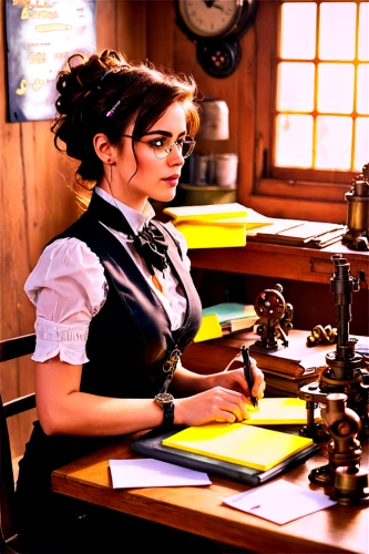 librarian,waitress,steampunk,busy lizzie,seamstress,secretary,telephone operator,barmaid,workroom,switchboard operator,sewing machine,dressmaker,clockmaker,clerk,milkmaid,sewing room,mail clerk,girl studying,secretary desk,cashier,Conceptual Art,Fantasy,Fantasy 25