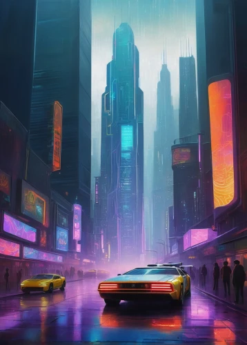 futuristic landscape,cityscape,cyberpunk,futuristic,world digital painting,colorful city,lamborghini,futuristic car,fantasy city,street canyon,neon,neon arrows,cities,evening city,aventador,city,vantage,neon lights,the city,city scape,Illustration,Abstract Fantasy,Abstract Fantasy 15