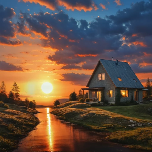 home landscape,lonely house,landscape background,summer cottage,beautiful home,little house,wooden house,red barn,country cottage,rural landscape,cottage,beautiful landscape,wooden houses,evening atmosphere,danish house,fantasy landscape,small house,farm house,world digital painting,landscapes beautiful,Photography,General,Realistic