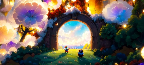 fairy world,fairy village,fairy forest,wonderland,dream world,fantasy world,fantasy landscape,heaven gate,forest of dreams,portal,fantasy picture,panoramical,enchanted forest,3d fantasy,world digital painting,gateway,enchanted,portals,magical adventure,fairy tale,Anime,Anime,Cartoon