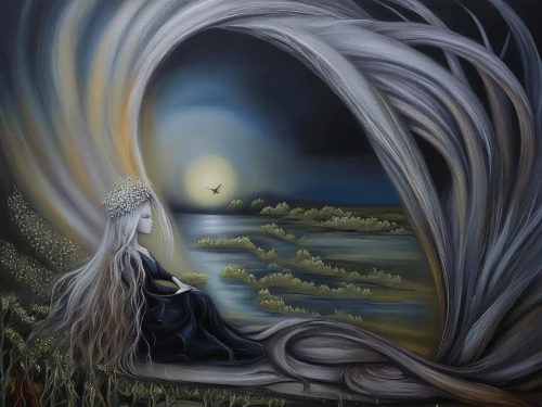 fantasy art,mirror of souls,mystical portrait of a girl,shamanic,fantasy picture,angel playing the harp,oil painting on canvas,the annunciation,celtic harp,light bearer,the snow queen,shamanism,surrealism,light of night,the night of kupala,divination,the enchantress,oil on canvas,moonlit night,sorceress,Illustration,Abstract Fantasy,Abstract Fantasy 14