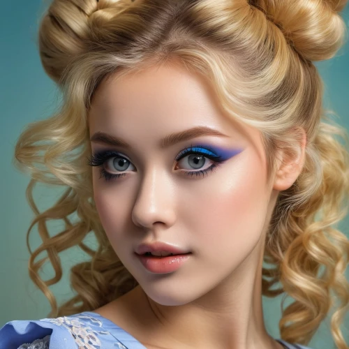 vintage makeup,realdoll,curlers,eurasian,eyes makeup,blue peacock,doll's facial features,retouching,artificial hair integrations,porcelain doll,make-up,fairy tale character,retouch,cosmetic brush,beauty salon,make up,ukrainian,cinderella,fairy peacock,alice