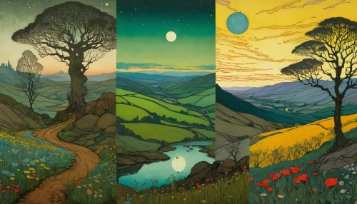 carol colman,four seasons,spring equinox,james handley,landscapes,james sowerby,lee slattery,martin fisher,francis barlow,fields,hares,green fields,fruit fields,brook landscape,george russell,olle gill,summer solstice,the trees,apple trees,carol m highsmith,Illustration,Realistic Fantasy,Realistic Fantasy 12