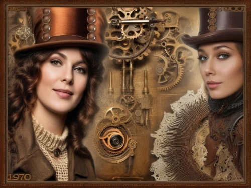 steampunk,steampunk gears,digiscrap,vintage man and woman,antique background,the victorian era,cd cover,art deco frame,the hat of the woman,roaring twenties couple,clockmaker,the hat-female,joint dolls,image editing,victorian style,portrait background,downton abbey,brown hat,gothic portrait,stovepipe hat,Illustration,Realistic Fantasy,Realistic Fantasy 13