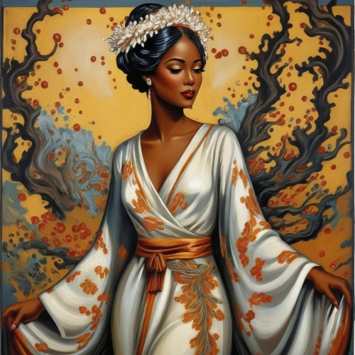 african american woman,african woman,geisha,beautiful african american women,geisha girl,orange blossom,tiana,oriental princess,black woman,jasmine blossom,moorish,nigeria woman,black women,afro-american,jasmine,orange robes,priestess,afroamerican,fantasy portrait,linden blossom,Illustration,Realistic Fantasy,Realistic Fantasy 21