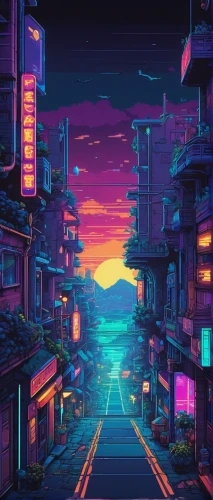 colorful city,retro background,dusk background,tokyo city,cyberpunk,80's design,dusk,futuristic landscape,cityscape,neon arrows,vapor,tokyo,kyoto,shinjuku,aesthetic,80s,suburb,fantasy city,neon coffee,neon ghosts,Illustration,Japanese style,Japanese Style 14