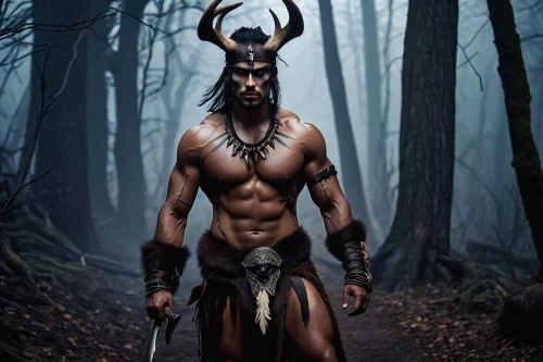 faun,minotaur,maori,black warrior,tribal bull,trioceros,shamanic,tribal chief,pagan,daemon,barbarian,shamanism,krampus,shaman,biblical narrative characters,forest man,mythical creature,germanic tribes,mythological,paganism,Illustration,Abstract Fantasy,Abstract Fantasy 10