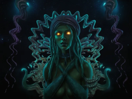 medusa gorgon,medusa,mirror of souls,gorgon,neon ghosts,voodoo woman,the enchantress,neon body painting,priestess,shamanic,bioluminescence,blue enchantress,sorceress,anahata,sci fiction illustration,siren,kundalini,shamanism,nebula guardian,aura,Illustration,Realistic Fantasy,Realistic Fantasy 47