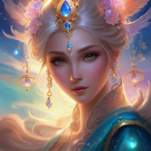 fantasy portrait,fantasy art,zodiac sign libra,elsa,oriental princess,mystical portrait of a girl,fairy queen,fantasy picture,faerie,faery,fantasia,lakshmi,blue enchantress,fantasy woman,priestess,jasmine blossom,the snow queen,fairy tale character,libra,the enchantress,Illustration,Realistic Fantasy,Realistic Fantasy 01