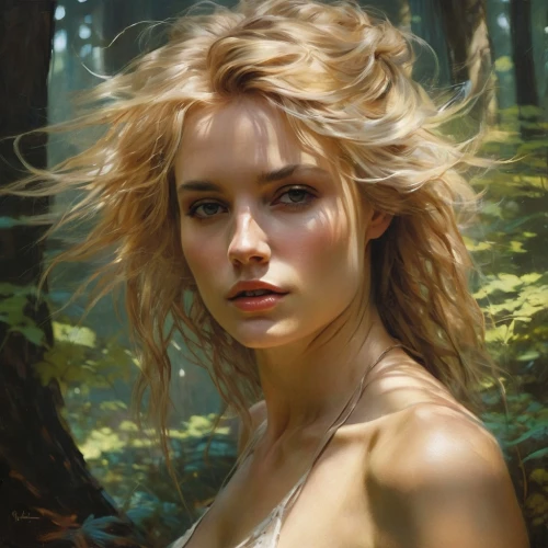 fantasy portrait,dryad,oil painting,romantic portrait,world digital painting,mystical portrait of a girl,faerie,fantasy art,digital painting,blonde woman,faery,photo painting,the blonde in the river,natura,oil painting on canvas,girl portrait,jessamine,forest background,young woman,in the forest,Photography,General,Cinematic
