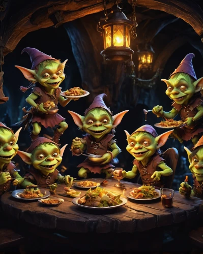 gnomes at table,scandia gnomes,gnomes,goblin,dwarf cookin,rotglühender poker,mustard and cabbage family,dwarfs,halloween background,halloween wallpaper,dwarves,family dinner,fgoblin,frog gathering,skylander giants,celebration of witches,thanksgiving background,trolls,herring family,fine dining restaurant,Illustration,Realistic Fantasy,Realistic Fantasy 02