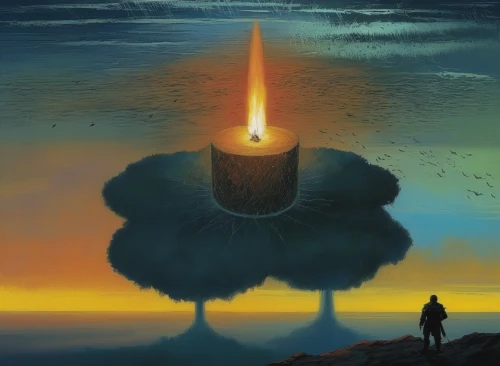 mushroom cloud,nuclear explosion,burning torch,pillar of fire,eruption,the eruption,tree torch,nuclear bomb,atomic bomb,golden candlestick,nuclear weapons,flaming torch,volcanic eruption,solomon's plume,burning earth,the pillar of light,torch,fairy chimney,burning candle,nuclear war,Illustration,Realistic Fantasy,Realistic Fantasy 06