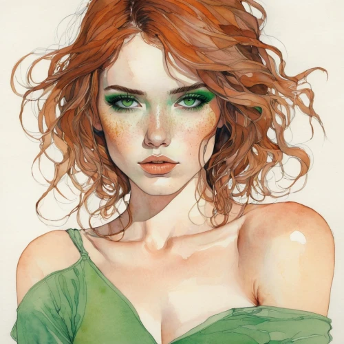 poison ivy,clary,fantasy portrait,watercolor pin up,emerald,green eyes,watercolor pencils,girl portrait,merida,green skin,fashion illustration,red-haired,green dress,colour pencils,watercolor,watercolor painting,portrait of a girl,young woman,fae,redheads,Illustration,Paper based,Paper Based 19