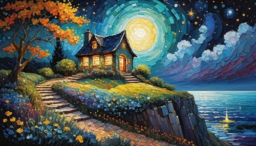 home landscape,cottage,starry night,house with lake,night scene,lonely house,witch's house,motif,house by the water,summer cottage,fantasy picture,fantasy art,art painting,house painting,lighthouse,little house,fisherman's house,house of the sea,house in the forest,landscape background