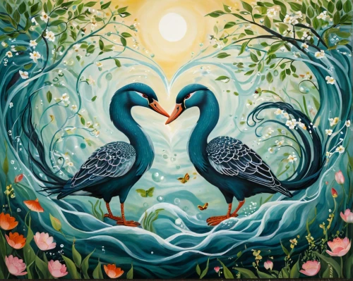 birds with heart,bird couple,songbirds,bird painting,tropical birds,birds love,love bird,for lovebirds,sea birds,flamingo couple,painted hearts,love birds,water birds,parrot couple,herons,flower and bird illustration,wild birds,key birds,nature love,blue birds and blossom,Illustration,Abstract Fantasy,Abstract Fantasy 03