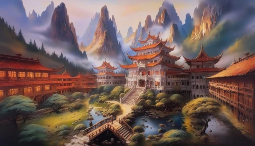 fantasy landscape,chinese temple,hall of supreme harmony,forbidden palace,fantasy picture,world digital painting,ancient city,chinese background,chinese art,landscape background,mountain settlement,chinese architecture,asian architecture,mountain village,huashan,korean folk village,oriental painting,hanging temple,mountain scene,dragon palace hotel,Illustration,Paper based,Paper Based 04