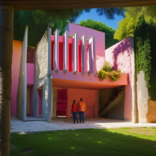 school design,cube house,kindergarten,cubic house,hacienda,colorful facade,aqua studio,holiday complex,modern house,pink squares,house painting,rosa cantina,contemporary,concept art,temple fade,villa,3d render,frame house,woman house,art academy,Photography,General,Realistic