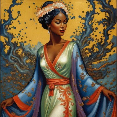 african american woman,african woman,geisha,oriental princess,geisha girl,tiana,art deco woman,priestess,fantasy portrait,beautiful african american women,sorceress,nigeria woman,flora,jasmine blossom,orientalism,jasmine,pocahontas,fantasy woman,polynesian girl,khokhloma painting,Illustration,Realistic Fantasy,Realistic Fantasy 21